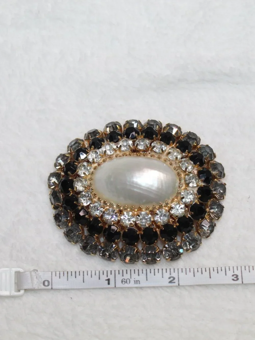 Vtg Signed Vendome Gigantic White Oval Lustrous Shell Black Clear Crystal Brooch